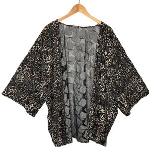 Sheer Leopard Print Kimono Cardigan Open Front Patchwork 4X‎ Art To Wear Boho